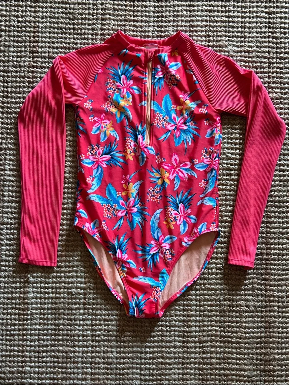 Girls' Floral Long-Sleeve Rash Guard Swimsuit - Pink Art Class XL 14/16